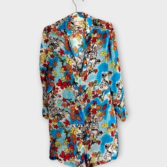 Marsh Landing Top Womens Medium Silk Button Down Tunic Shirt Tropical Coverup - Picture 2 of 10